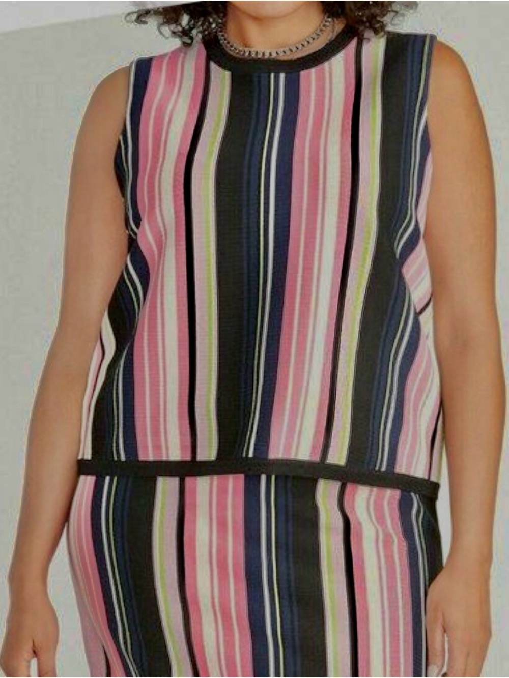 RACHEL Rachel Roy Navy/Black/Pink/White/Lime Green Striped Knit Sleeveless Top
